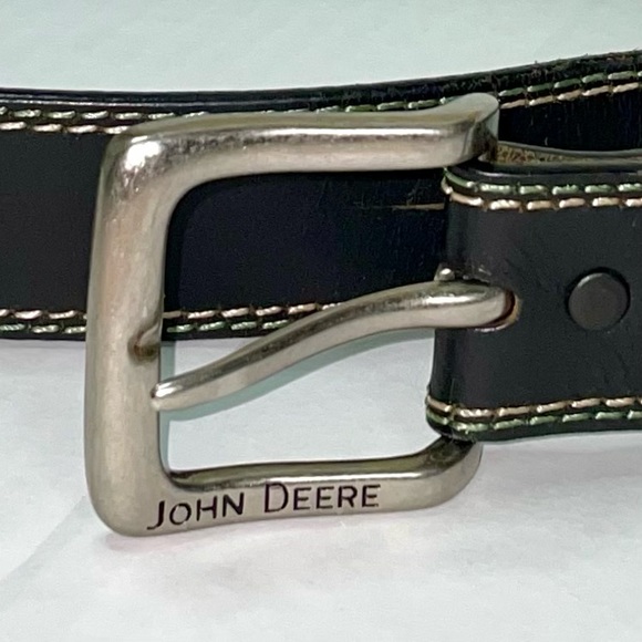 EUC John Deere black top grain leather belt, silver buckle, contrast stitching - Picture 3 of 4